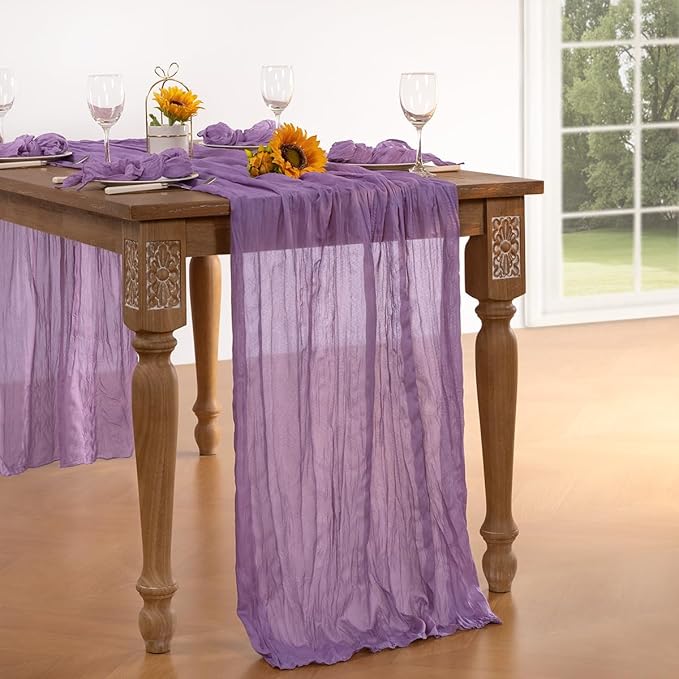 DeZerlor Lavender Purple Cheesecloth Table Runner 10 Pack Spring Easter Table Runners Boho Gauze 120 Inches Cheese Cloth Table Decor for Wedding Bridal Baby Shower Parties