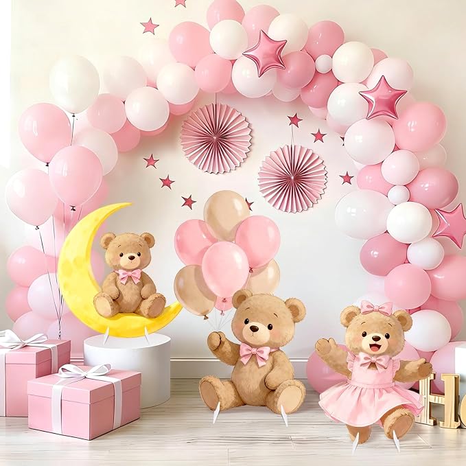 3Pcs Pink Bear Baby Shower Decorations, Large Moon Bear Cardboard Cutout Standup with Yard Stakes & Stands for Girls Bear Birthday Indoor Outdoor Photo Booth Props Cartoon Party Supplies