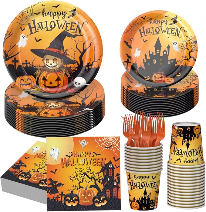 212Pcs Halloween Party Supplies Tableware Set for 24 Guests Disposable Pumpkin Ghost Themed Dinnerware Includes Paper Plates Napkins Cups Forks Knives Spoons Halloween Balloons, Banner & Tablecloth