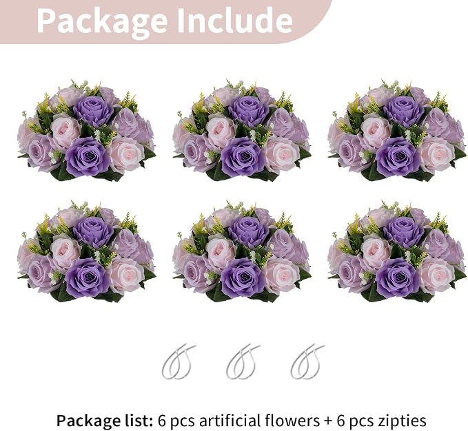 NUPTIO Artificial Flower Ball Centerpieces: 6 Pcs Lilac & Purple & Pink Rose Arrangements for Wedding Party Tables - Faux Silk Floral DIY Kissing Balls for Home Event Dining Decorations