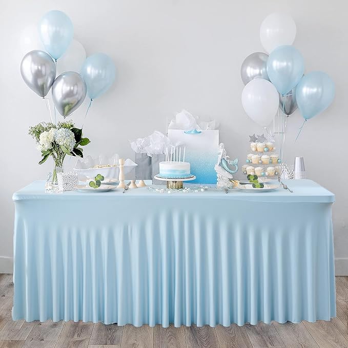 2Pack Baby Blue Spandex Table Clothes for 6 Foot Rectangle Tables, Fitted Table Cover 6ft Stretch Tablecloths Desk Skirt for Parties Weddings Birthday Banquet Baby Shower