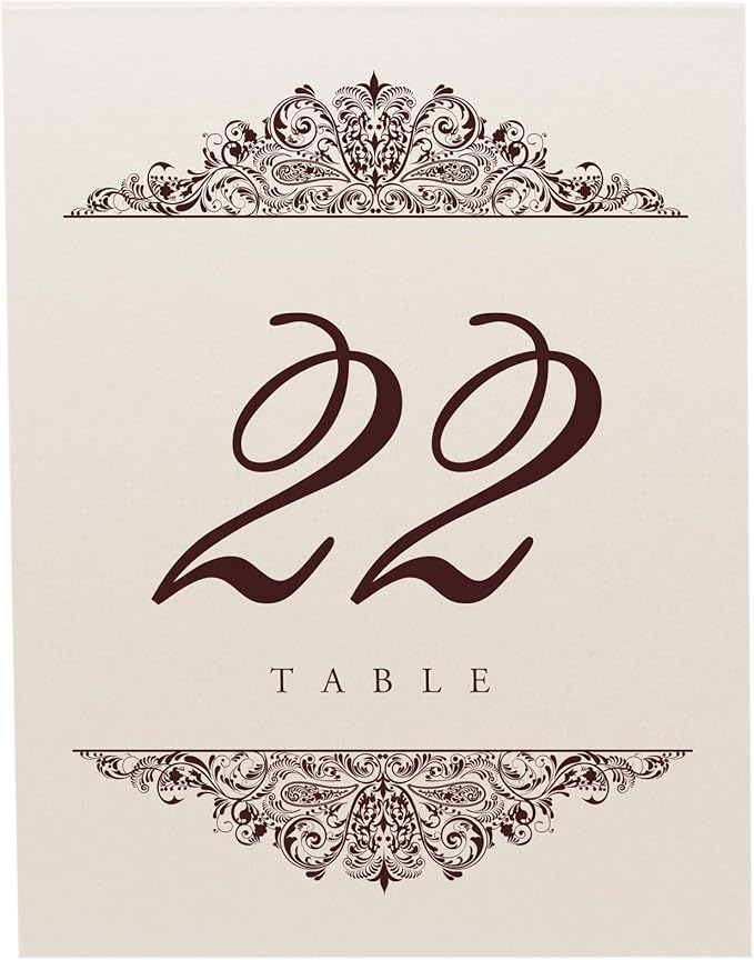 Paisley Wedding Table Numbers (Select Color/Quantity), Champagne, Chocolate, 1-60, Double Sided, Tent or Use in a Stand, Great for Parties & Restaurants - Made in the USA