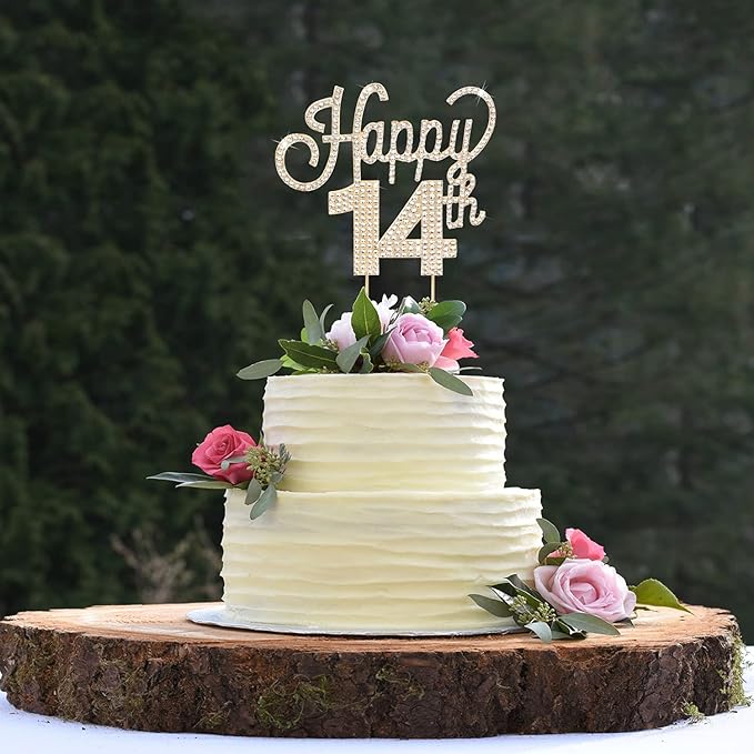LINGTEER Happy 14th Birthday Gold Rhinestone Cake Topper - Cheers to 14th Birthday Fourteen Years Old Party Cake Centerpieces Topper Decorations Gift Sign.