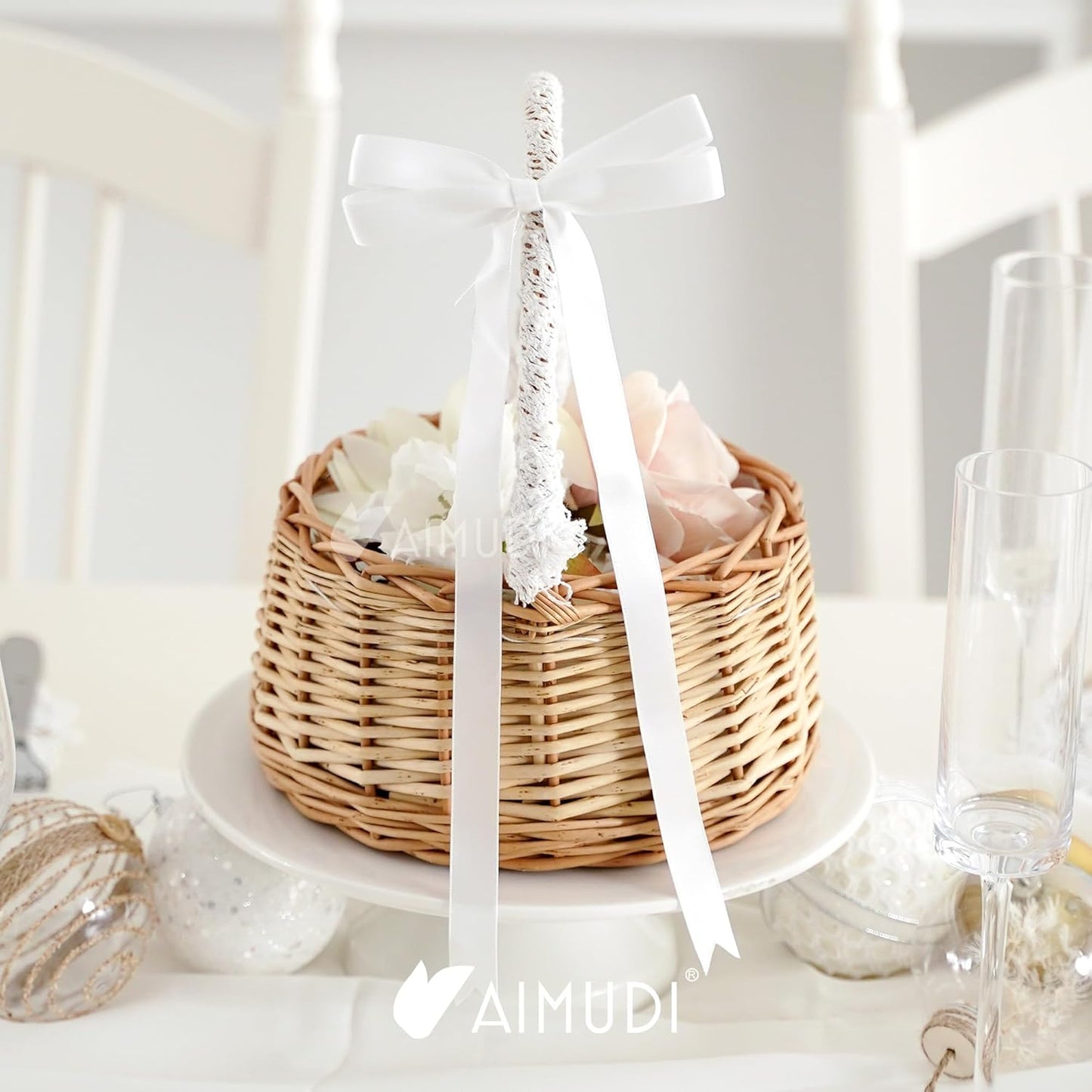 AIMUDI White Bows 5 × 10" Satin Bows for Gift Wrapping Twist Tie Bows Premade Ribbon Bows for Bouquets Invitations Baskets Crafts Wreaths Wedding Birthday Baby Shower Party Decorations, 36 PCs