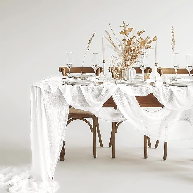 12 Pack White Table Runner, 10FT Cheesecloth Table Runner Long Romantic Semi Sheer Rustic Boho Gauze Table Runners for Wedding Bridal Shower Birthday Party Decorations(21.5×120 Inch)