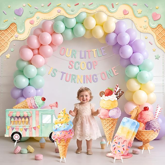 5 PCS 20" Ice Cream Cardboard Cutouts for Birthday Party Decorations, Large Sweet Theme Outdoor Yard Signs, Ice Cream Truck & Cone Standee for Candy Land Party Photo Booth Props Backdrop