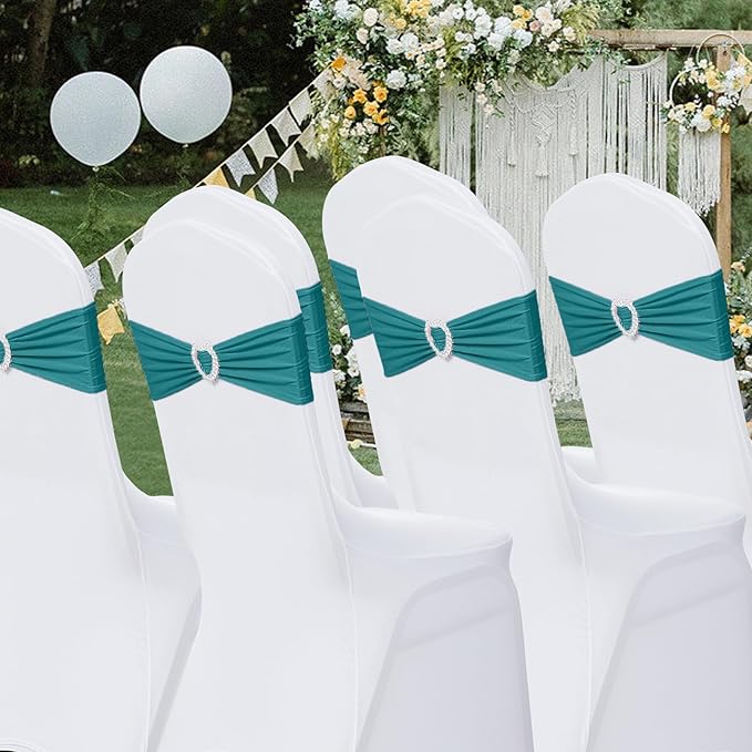 Howhic Pack of 120 Spandex Chair Sashes Bows Stretch Chair Cover Band with Buckle Slider Universal Elastic Chair Ties for Wedding Banquet Party Event Decoration (Turquoise)