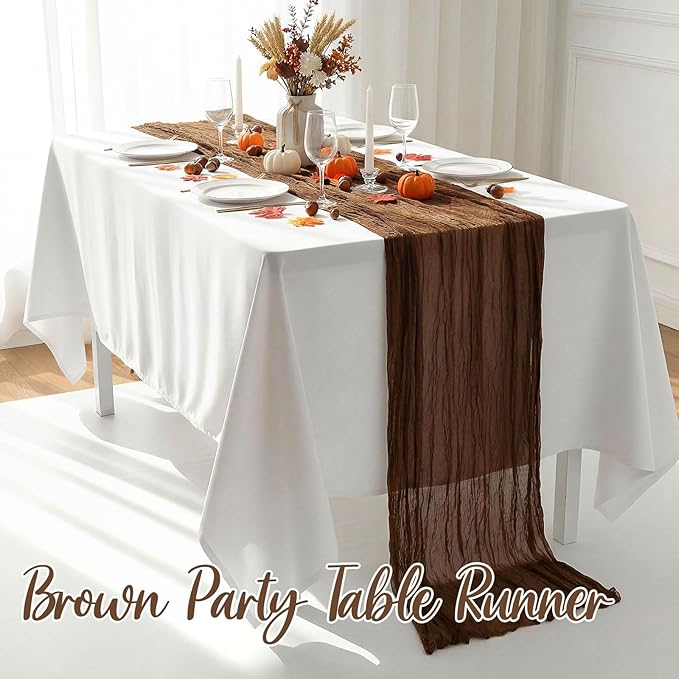 6 Pcs Brown Cheesecloth Table Runner Boho Gauze Cheese Cloth Runner 118" Rustic Table Decor for Sunset Party Thanksgiving Fall Wedding Bridal Baby Shower Birthday Home Arbor Decor