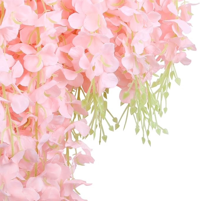 U'Artlines 12 Pack (Total 43.2 Feet) Artificial Fake Wisteria Vine Rattan Hanging Garland Silk Flowers String Home Party Wedding Decor (12, Light Pink)