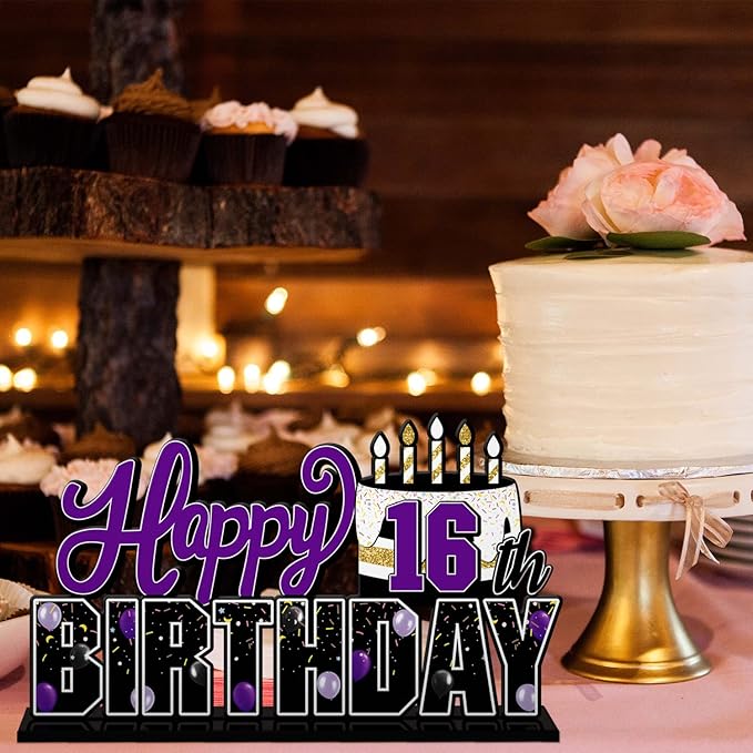LINGTEER Happy 16th Birthday Purple Acrylic Table Topper Centerpieces Set - Cheers to Sixteen Years Old Birthday 16th Bday Party Gift Decorations.