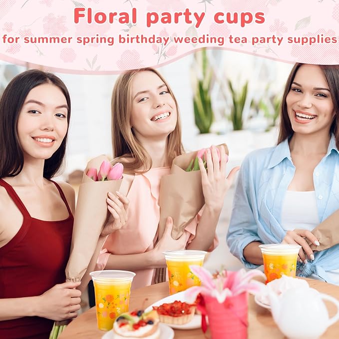 Hushee Wedding Floral 60 Pcs Party Cups 16 oz Plastic Disposable Drinking Cups for Birthday Love Baby in Bloom Baby Shower Summer Fresh off The Market Bridal Shower Decorations Supplies