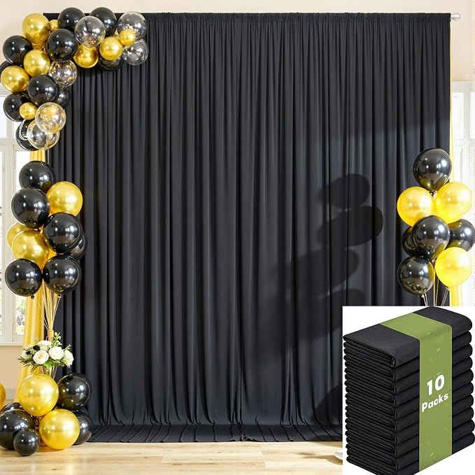 50ftx12ft Wrinkle Free Black Backdrop Curtains for Parties, 10 Panels 5x12FT Long Silky Polyester Photo Backdrop Drapes Back Drop Cloth for Wedding Birthday Photography Background Decor