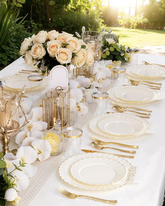 YOUBET 100PCS Ivory Scalloped Plastic Plates - Heavy Duty Gold Disposable Fancy Hard Plates Include 50 Dinner Plate, 50 Dessert Plate, for Wedding & Party
