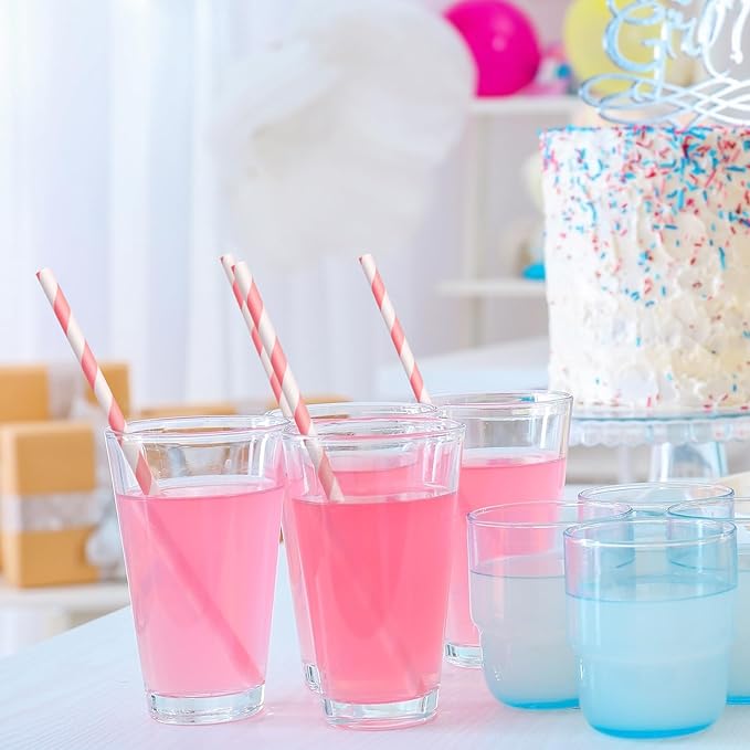 100 Packs Pink Biodegradable Striped Paper Straws, Disposable Drinking Straws for Birthday Carnival Summer Pool Party Wedding Baby Shower Halloween Christmas Party Decoration Supplies