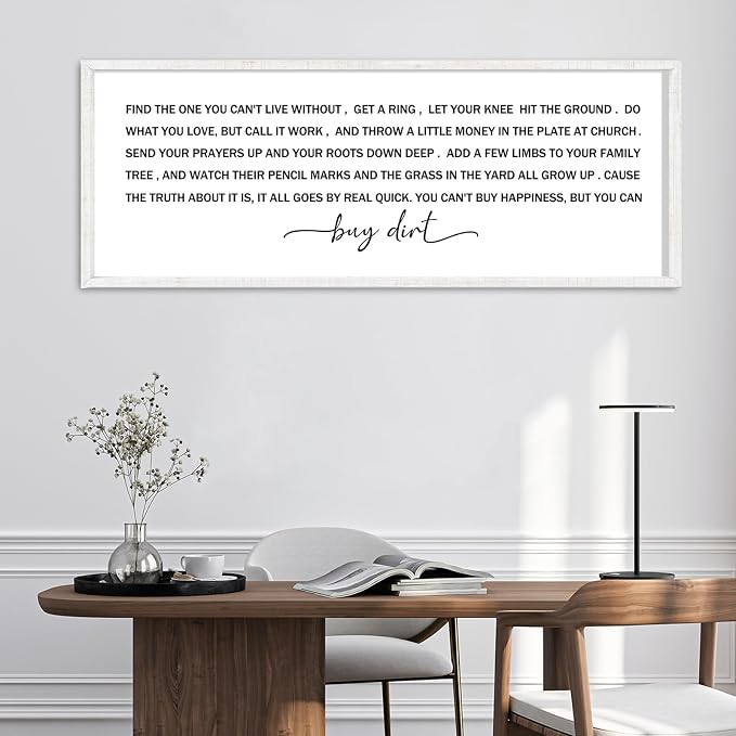Buy Dirt Sign Wall Decor Song Lyrics Wall Art You Cant Buy Happiness Signs | 40x15 Inch Farmhouse Rustic White Wood Framed, Large Ideal for Living Room Kitchen Bedroom Entryway Hallway, Ready to Hang