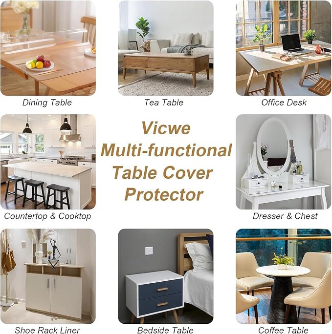 Vicwe 42x 72 Inch Clear Table Cover Protector,1.5 mm Thick Single-Sided Frosted Clear Desk Pad Mat, Rectangle Waterproof Table Top Protector, Scratch Proof and Easy Cleaning for Dining Room Table