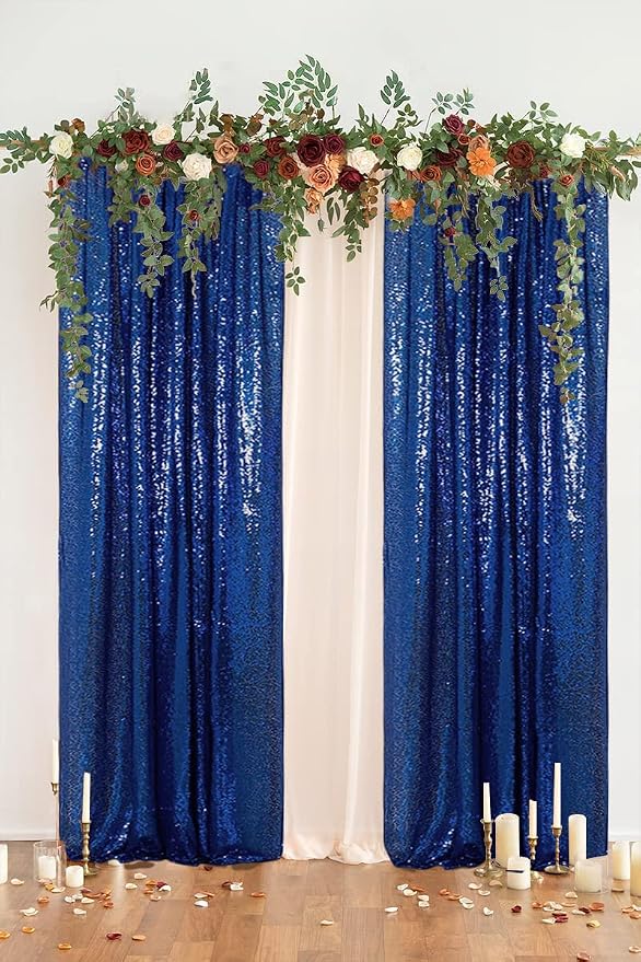 PartyDelight Navy Blue Sequin Backdrop Curtains 2x8ft 2 Panels | 3mm stitched sequin curtain with 4 inch rod pocket for 2x8ft 2 panel doorway window side drape narrow photo booth strip