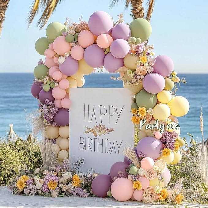 Purple Green Pink Balloon Arch Double Stuffed Dusty Green Lavender Light Yellow Sand Latex Pastel Lilac Balloon Garland Kit for Baby Shower Wedding Birthday Easter Floral in Bloom Party Decoration