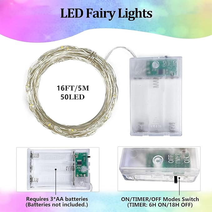 4-Pack 50 LED Fairy Lights Battery Operated with Timer, 16FT Starry String Lights Outdoor Indoor Mini Cuttable Lights Waterproof for Bedroom Wedding Birthday Christmas Parties (Warm White&Multi Color)
