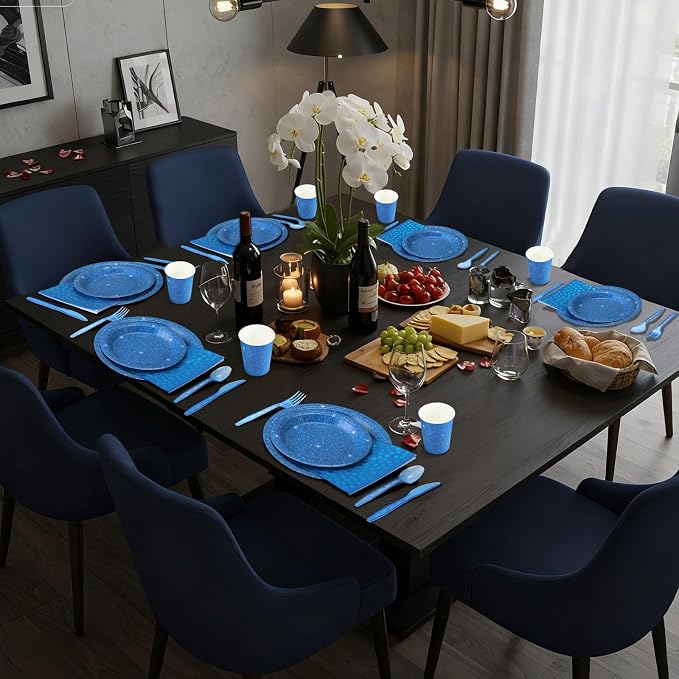 Hushee 175 Pcs 25 Guests Dark Blue Paper Party Plates and Cups Napkins Sets Holographic Glitter Disposable Dinnerware Plastic Forks Knives Spoons Birthday Bachelorette Wedding Party Supplies