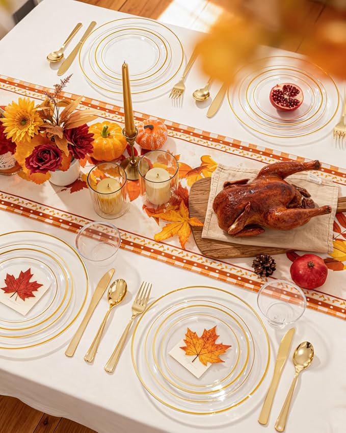 bUCLA 150Pcs Clear Gold Plastic Dinnerware Set - Clear and Gold Disposable Plates Include 25 Dinner / 25 Dessert Plates,25 Knives,25 Forks,25 Spoons,25 Cups for Party