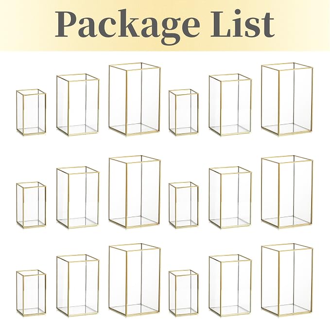 Glass Hurricane Candle Holder Large - Hewory 18pcs Gold Rectangle Flower Holders Centerpiece for Table, Tall Floor Square Pillar Candle Lantern for Wedding, Anniversary, Party, Fireplace, Dining Room