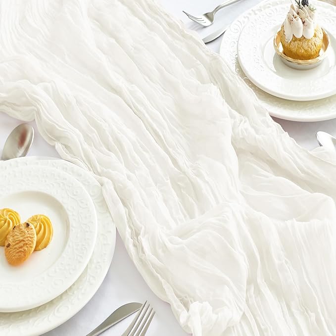 IVAPUPU 1 Pcs Cheesecloth Table Runner - 10ft Ivory White Spring Boho Gauze Cheese Cloth Table Runners for Baby Shower Decorations Wedding Party Garden Farmhouse