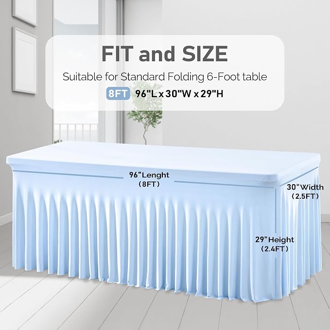 1 Pack Baby Blue Tableclothes for 8 Foot Rectangle Tables, One-Piece Wrinkle Resistant Stretch Spandex Table Covers with Skirt for Event Banquet Wedding Birthday Party