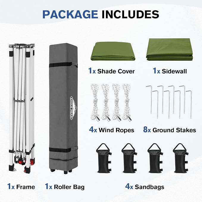 EAGLE PEAK Commercial Canopy 10x10 Pop Up Canopy Tent with 1 Sidewall, Easy Setup Heavy Duty Instant Event Shelter for Vendors & Markets, Outdoor Sun Shade, Grass Green