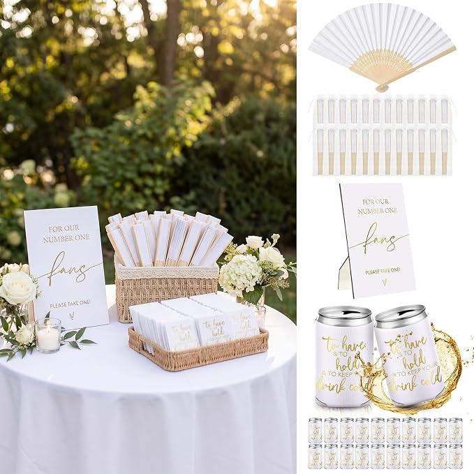 Hoteam 25 Sets White Wedding Party Favors for Guests Bulk Including Can Cooler and Paper Folding Fans with Wedding Decor Table Sign Cheers to Love for Bridal Shower Party Souvenir(Classical)