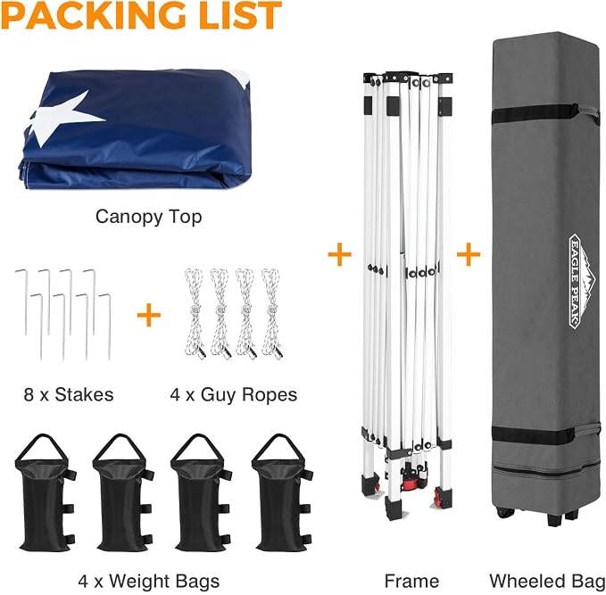 EAGLE PEAK Pop Up Canopy Tent with Wheeled Carry Bag, 8 Stakes, 4 Ropes, 4 Weight Bags, Easy Set Up Tent Canopy, 10x10 ft, 100sqft of Shade, American Flag