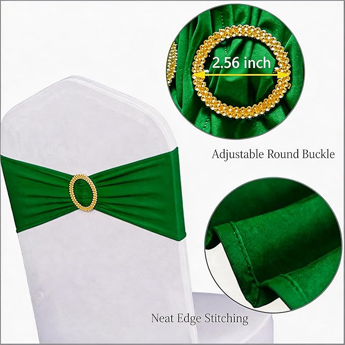 Pack of 50 Spandex Green Chair Sashes with Gold Buckles, Stretch Chair Sashes for Wedding Party Baby Shower Ceremony Event Decorations Chair Bands Bows (Green Sashes, Gold Buckles)
