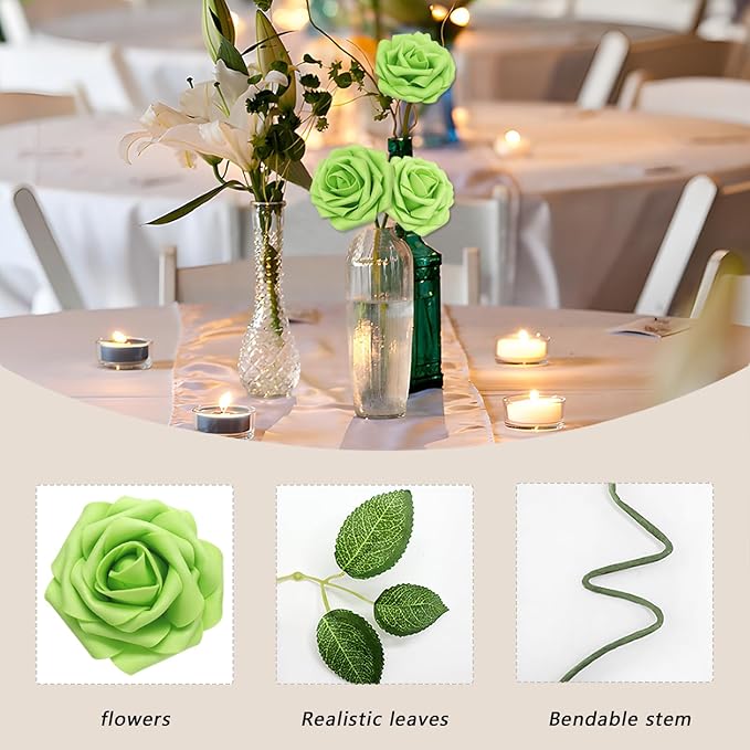 Artificial Flowers 50 Pcs Green Roses Real Looking Foam Fake Roses with Leaves for DIY Wedding Bouquets Bridal Shower Centerpieces Party Decorations (Green, 50)
