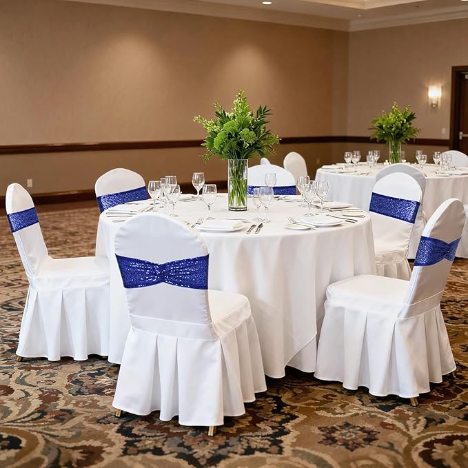 SquarePie Pack of 20 Sequin Chair Sashes Shiny Navy Blue Bows Bands for Wedding Banquet Party Decor