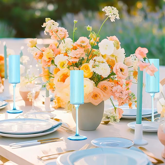 JLYLOL 12 Pcs Blue Plastic Champagne Flutes 6OZ Large Ribbed Champagne Glasses Toasting Glass Plastic Goblets for Parties Vintage Mimosa Bar Glasses Elegant Stemmed Drinking Cups for Wedding Bride