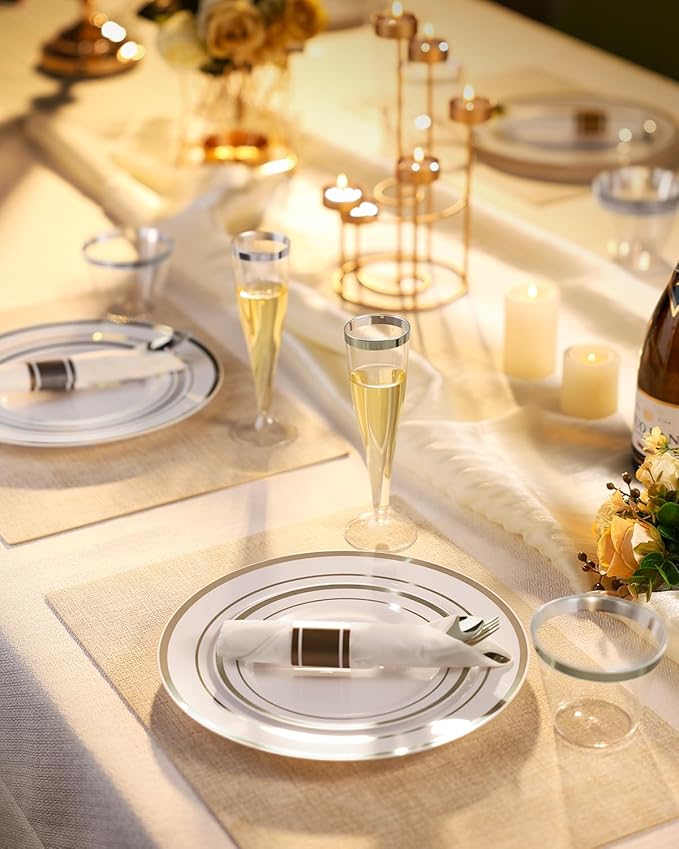Goodluck 320 PCS Silver Disposable Plastic Dinnerware Set for 40 Guests, Include 40 Dinner Plates, 40 Dessert Plates, 40 Napkins with Silverware, 40 Cups, 40 Champagne Glasses, for Christmas, Wedding