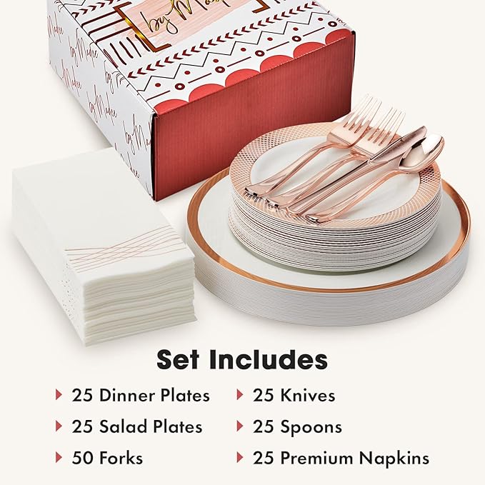 By Madee PREMIUM Elegant Disposable Dinnerware Set - 175 Pc Rose Gold Plastic Plates and Utensils Set with Luxury Napkins - Perfect for Weddings, Bridal & Baby Shower (25 Guests)