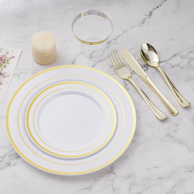 BESTVIP 600PCS Gold Dinnerware Set for 100 Guests, Plastic Plates for Party, 100 Gold Disposable Plates, 100 Dessert Plates, 100 Cups, 100 Spoons, 100 Forks and 100 Knives