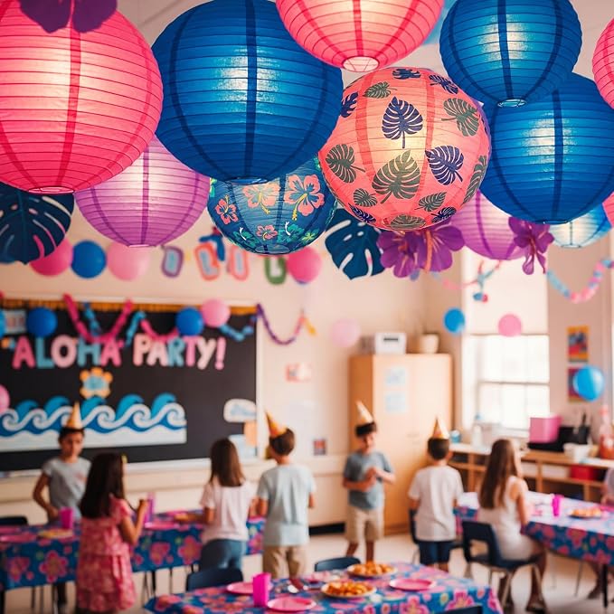 Weysat 12 Pcs Cartoon Hawaiian Animation Themed Hanging Paper Lanterns Hawaiian Themed Purple Blue Pink Lantern Decorations Luau Birthday Party Supplies for Birthday Party Classroom Home Decor