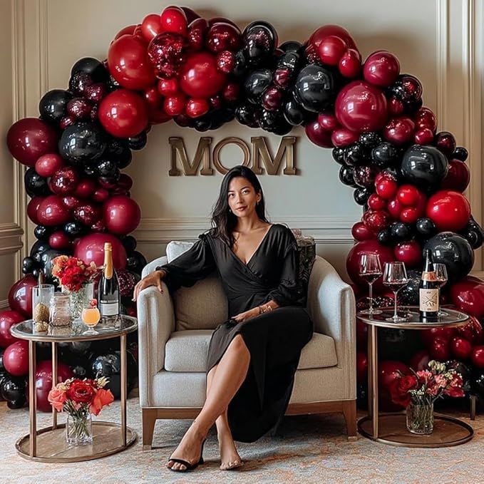 Black Red Balloon Arch Double Stuffed Black Burgundy Maroon Balloons Dark Ruby Red Metallic Balloon Garland Kit for Graduation Birthday Wedding Mother's Day Anniversary Party Decorations