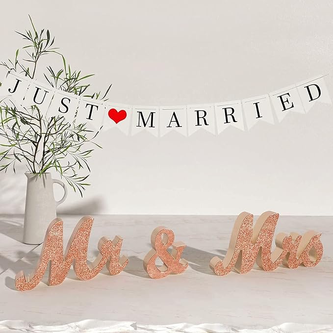 VIOPVERY Mr & Mrs Sign & Just Married Banner, Large Wooden Letters for Sweetheart Table, Photo Props Wedding Decorations for Anniversary, Rose Gold