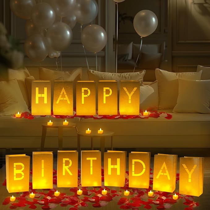 Homemory Happy Birthday Light Up Letters Luminary Bags with Flameless Candles and 2000 Fake Rose Petals, Happy Birthday Banner Sign Party Decoration for Women Men