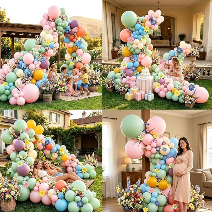 Blue Green Pink Balloon Arch with Cosmos Kelsang Flowers Double Stuffed Pastel Green Purple Yellow Beige Balloons for Wildflower Baby Shower Easter Spring Tea Gender Reveal Bridal Party Decor