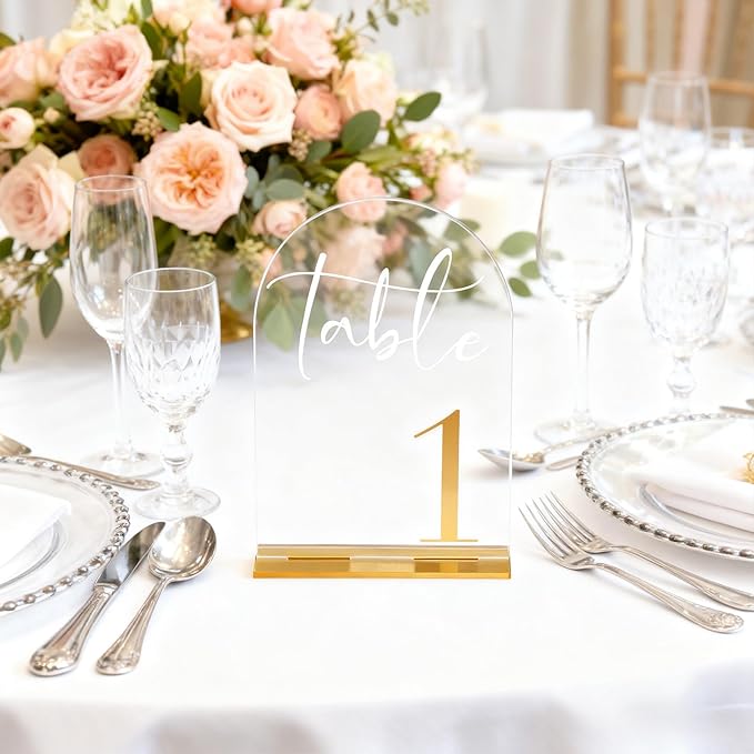 Arch Acrylic Wedding Table Numbers with Gold Font & Stands - 5''x7'' Clear Acrylic Table Number Signs for Wedding Reception, Anniversary, Event & Party Decor (Set 1-20)