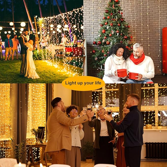 Upgraded Solar Curtain Lights Outdoor Garden Fairy String Lights 300 LED 8 Modes Remote Control Waterproof Waterfall Lights for Gazebo Patio Party Festival Wedding Christmas Decorations(Warm)