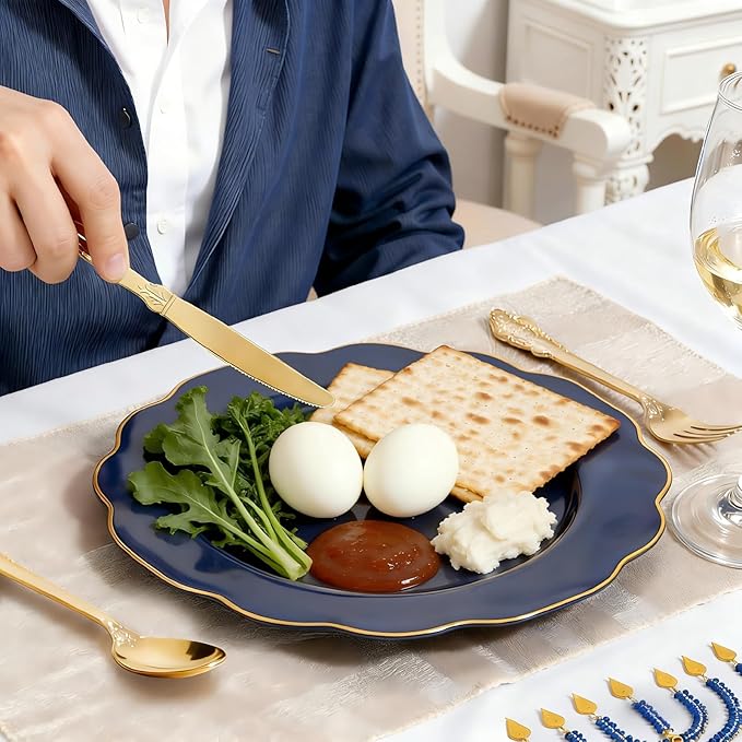 NOCCUR 175PCS Blue Plastic Plates with Disposable Silverware - Include 50 Blue Disposable Plates with Gold Rim,75 Gold Cutlery,25 Cups,25Napkins for Party/Wedding/Graduation/Memorial Day