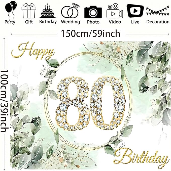Greenery Eucalyptus Leaves 80th Birthday Backdrop Sage Green Succulent Birthday Decorations Gold Diamond Design Adult Women Men 80th Anniversary Birthday Wedding Banner (D, 5X3FT)