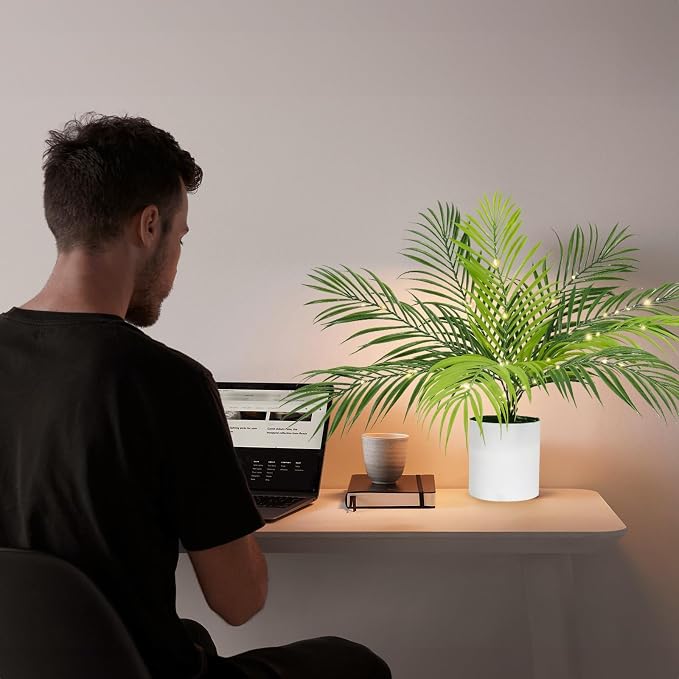 RECUTMS Fake Plants Tall 19In Artificial Tropical Palm Tree Potted with Light Faux Monstera Greenery Plants in White Pot for Indoor Outdoor Home Office Living Room Bedroom Desk Balcony Farmhouse Decor