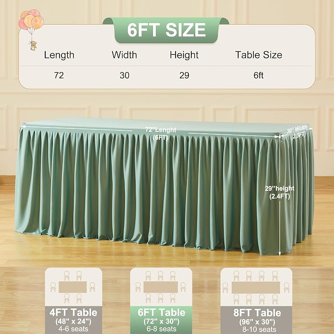 6 Packs Sage Green Tableclothes for 6 Foot Rectangle Tables, Wrinkle Free Fitted Table Cloth 6ft Stretch Table Cover with Skirt for Parties Weddings Birthday Banquet Baby Shower