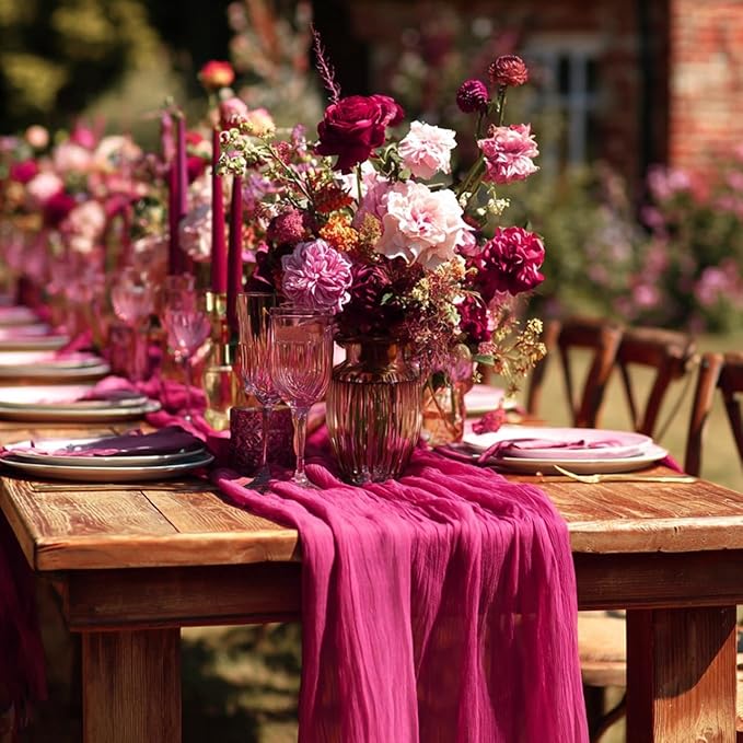 FEXIA 3 Pack Rose Red Table Runner 35x120 Inches for Baby Shower Decoration Gauze Rustic Table Runner for Wedding Party First Communion Centerpiece Engagement Bridal Shower Boho Decoration